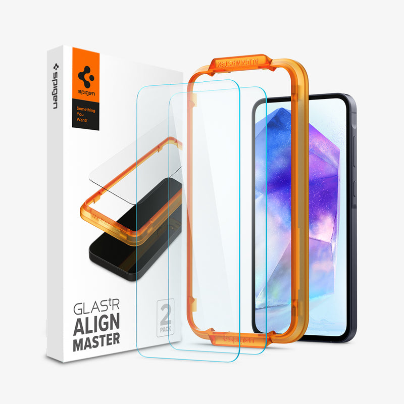 AGL07775 - Galaxy A55 5G Alignmaster Full Cover in Clear showing the 2 front screen protectors aligned with the alignment tray and the device with the packaging