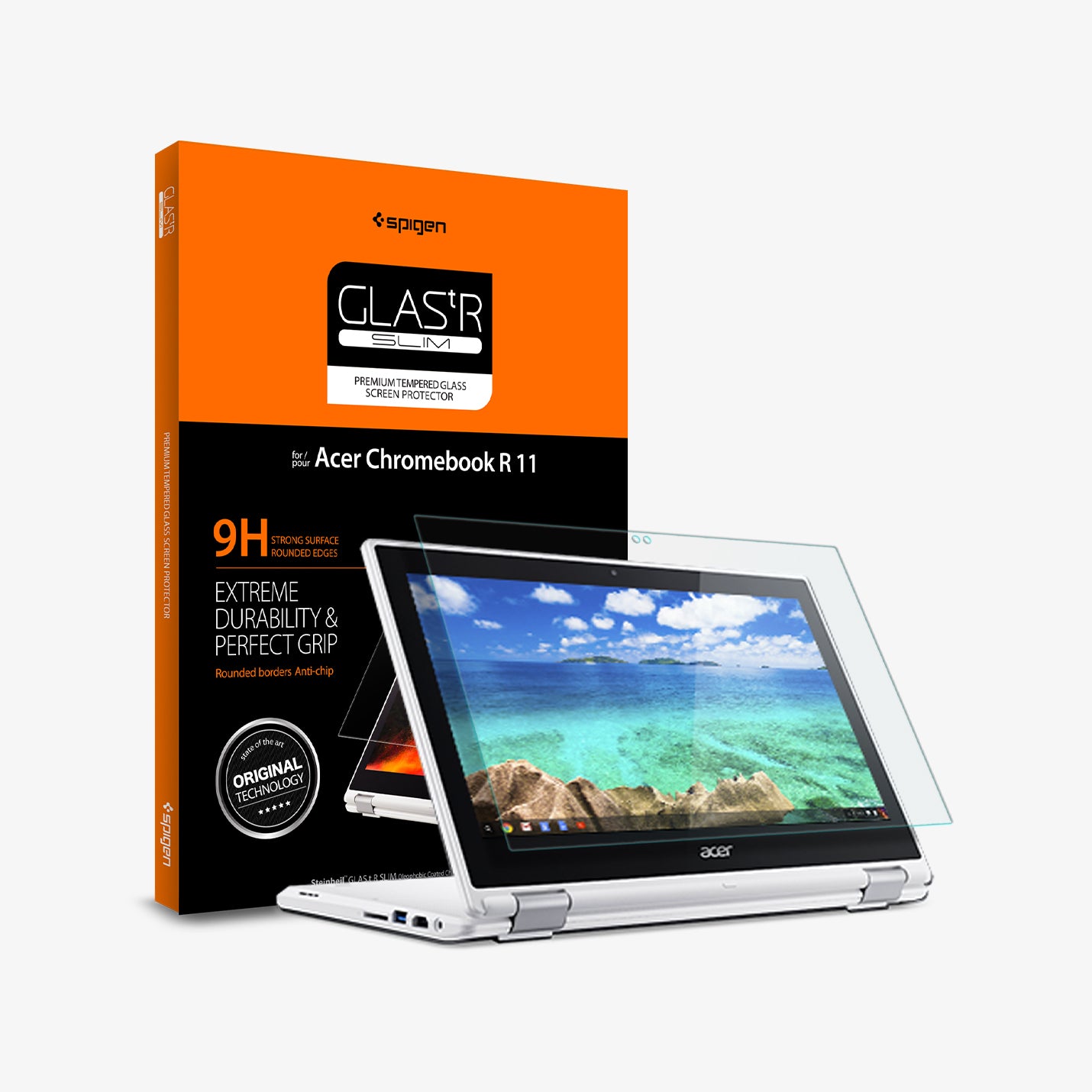 S01GL21806 - Acer Chromebook R 11 Glas.tR SLIM in Clear showing the device, screen protector and packaging