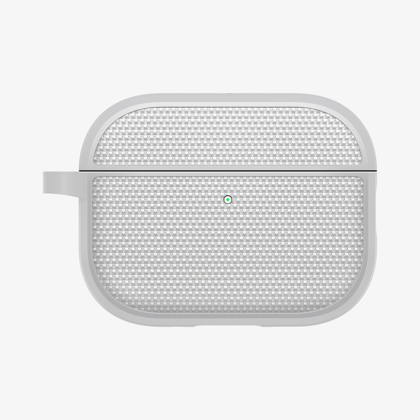 ACS11144 - AirPods Pro 3 Classic Fit case front view showing textured fabric-style finish with LED indicator cutout in heather gray