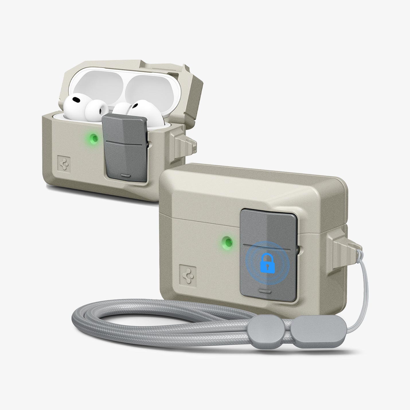 ACS10978 - AirPods Pro 3 Classic LS showing a rugged beige protective case with a front lock mechanism, green LED indicator, open lid revealing AirPods, and a detachable lanyard for secure carrying.