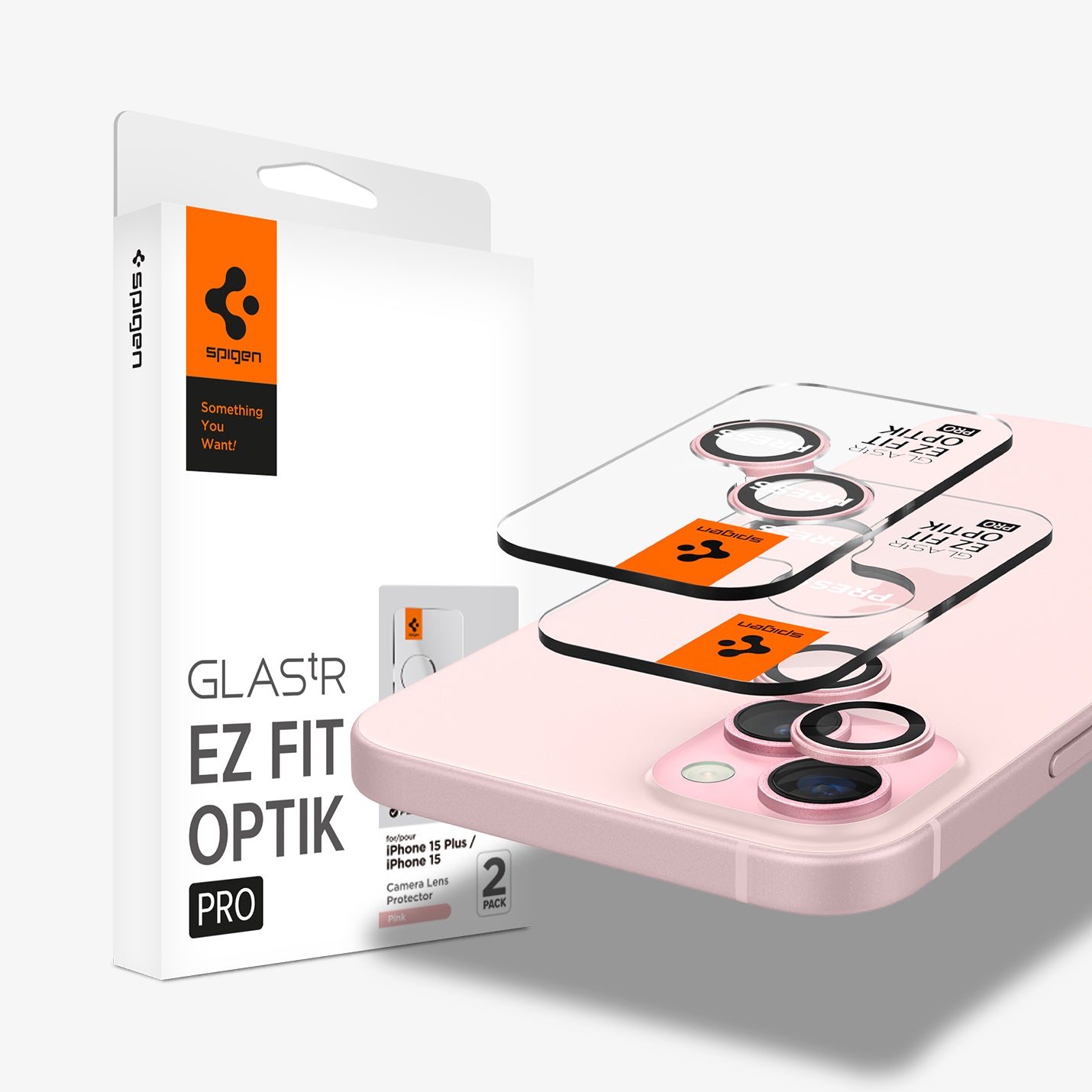 AGL07167 - iPhone 15 Plus Optik Pro EZ Fit Lens Protector in Pinky showing the two optic lens hovering above the device and the packaging