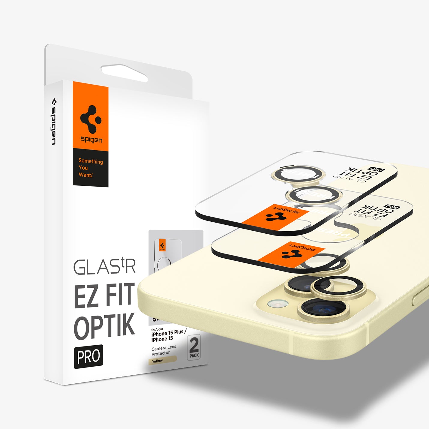 AGL07168 - iPhone 15 Plus Optik Pro EZ Fit Lens Protector in Yellow showing the two optic lens hovering above the device and the packaging