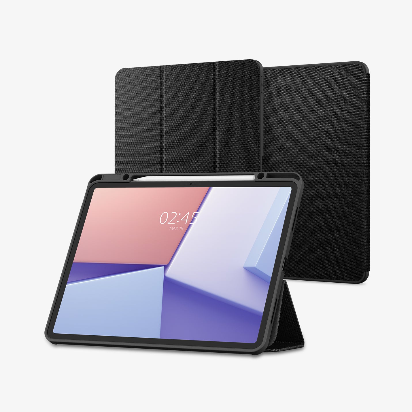ACS07671 - iPad Air 12.9-inch Case Urban Fit in Black showing the front with stylus pen and front cover folded, propped up behind to serve as a stand and behind, 2 device showing front and back