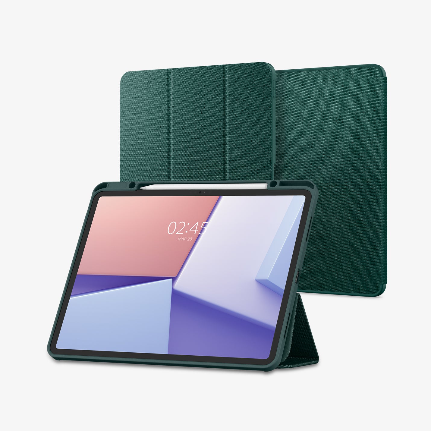 ACS07672 - iPad Air 12.9-inch Case Urban Fit in Midnight Green showing the front with stylus pen and front cover folded, propped up behind to serve as a stand and behind, 2 device showing front and back