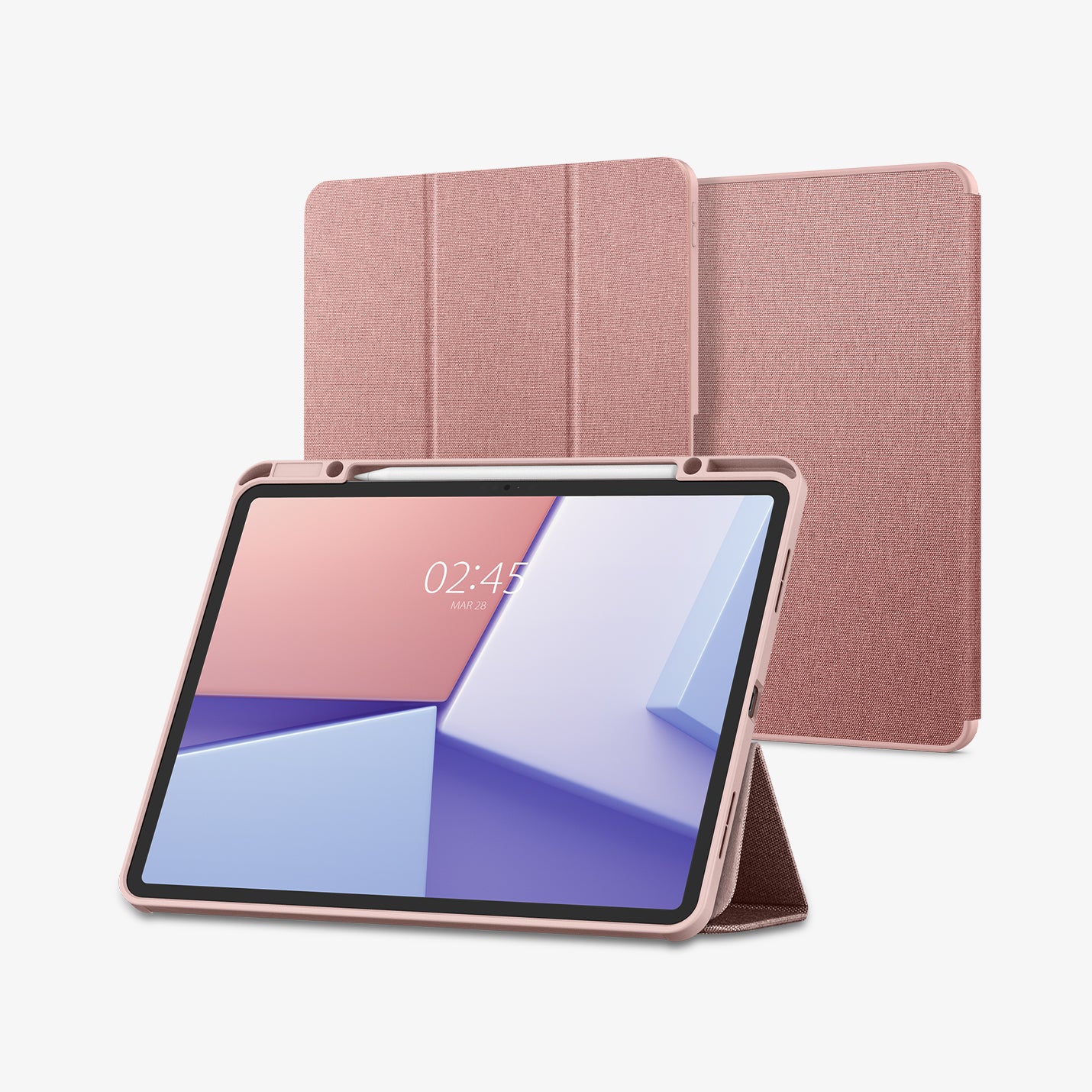 ACS07673 - iPad Air 12.9-inch Case Urban Fit in Rose Gold showing the front with stylus pen and front cover folded, propped up behind to serve as a stand and behind, 2 device showing front and back