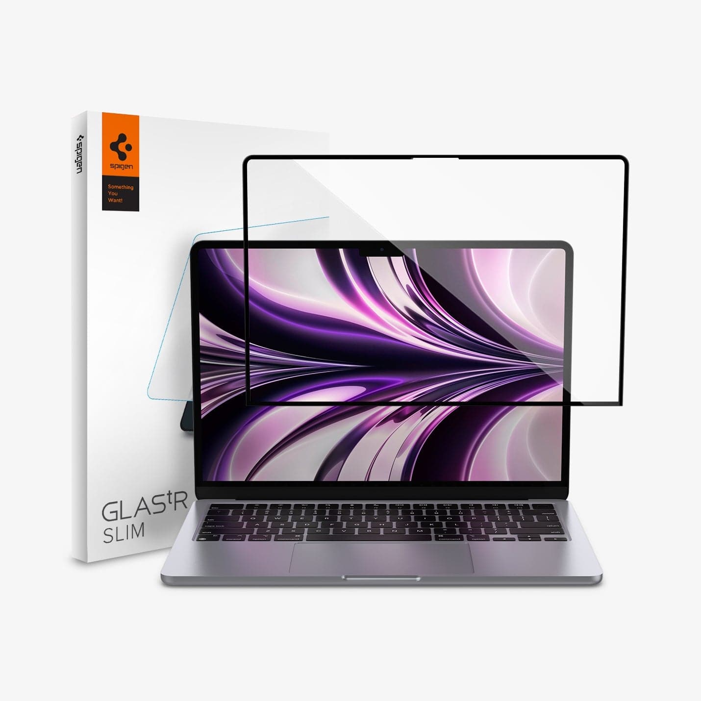 AGL05504 - MacBook Air 13-inch (2022) GLAS.tR SLIM in Clear showing the front of tempered glass hovering in front of the device and packaging
