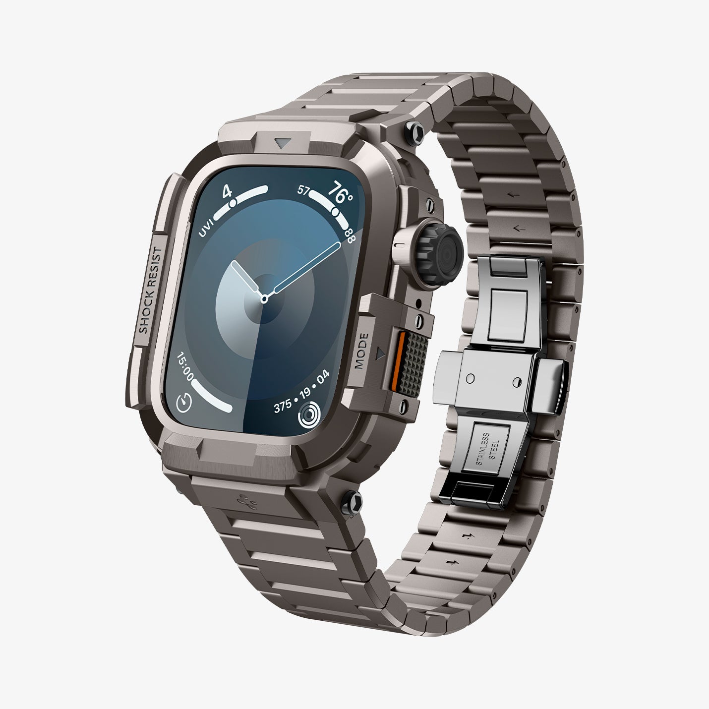 ACS07660 - Apple Watch (45mm) Case Metal Armor Pro in Gunmetal showing the front, partial side and partial inner side of the strap