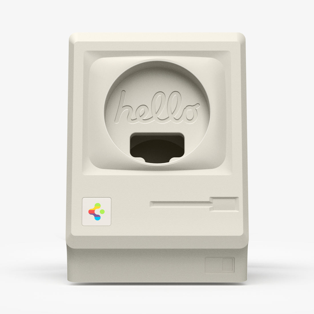 AMP11668 - Apple Watch Classic LS Charger Stand classic Macintosh inspired charger stand with retro computer details and circular charging cable opening.