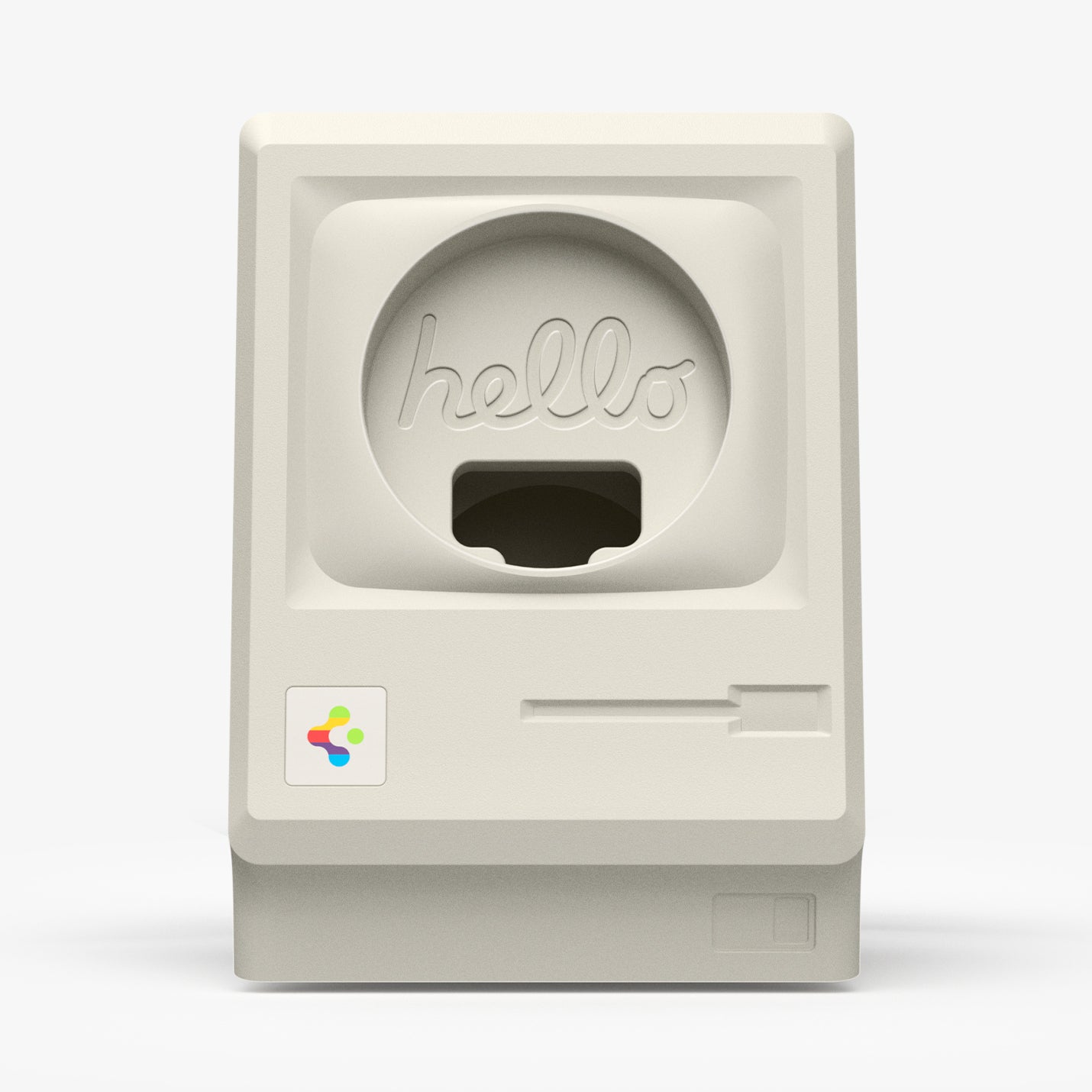 AMP11668 - Apple Watch Classic LS Charger Stand classic Macintosh inspired charger stand with retro computer details and circular charging cable opening.