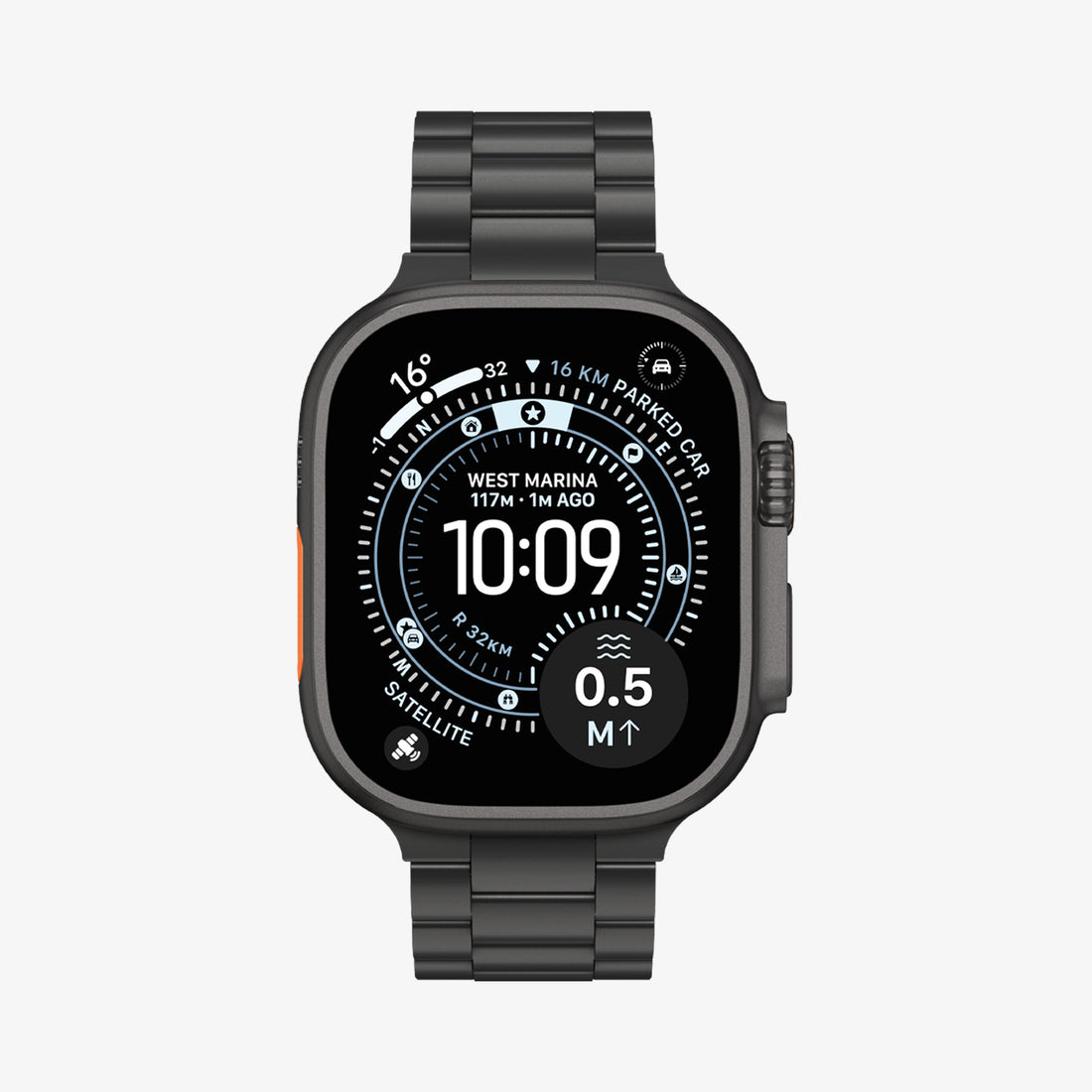 AMP11577 -  Apple Watch Series - Modern Fit Titanium Black link band shown attached to a smartwatch in a front view.