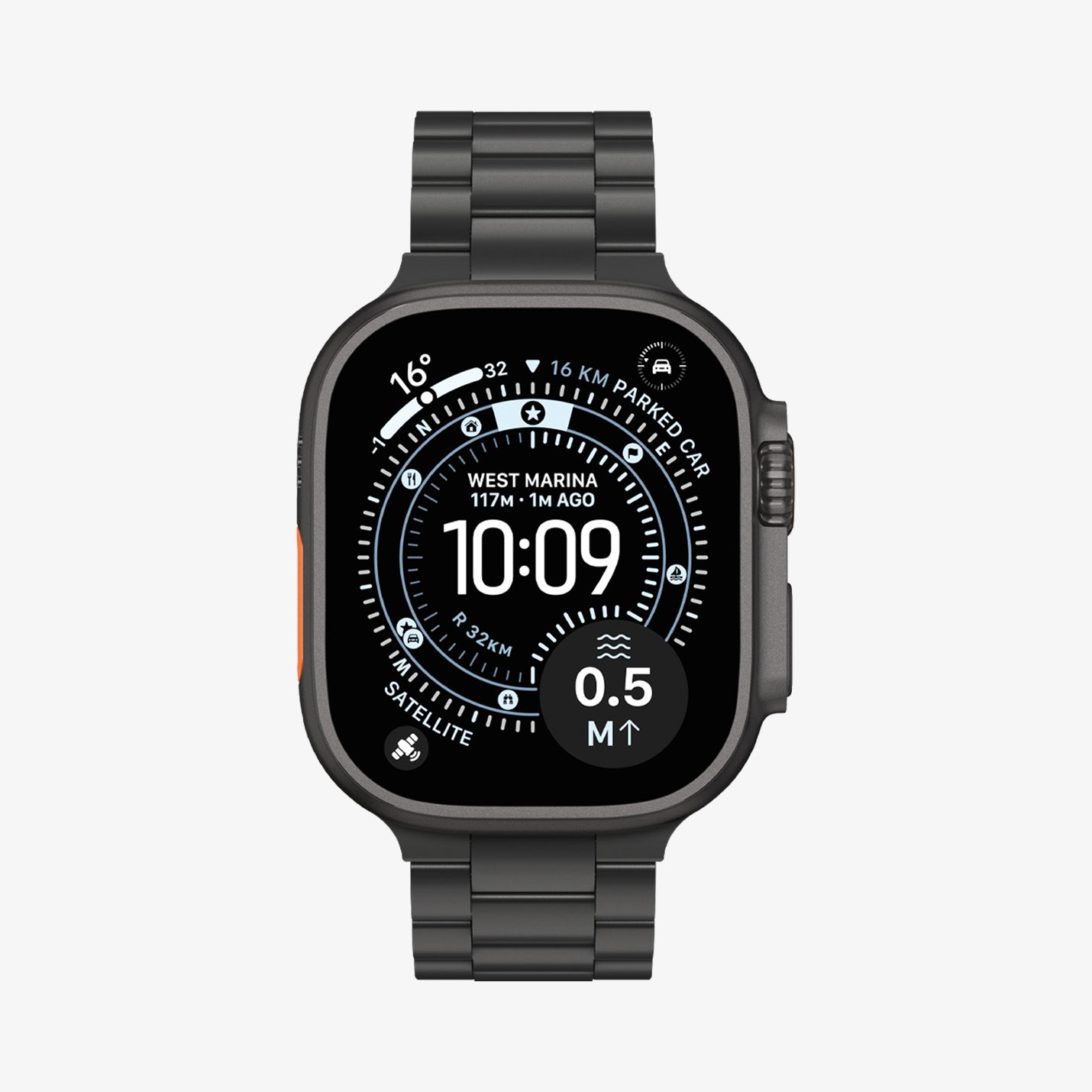 AMP11577 -  Apple Watch Series - Modern Fit Titanium Black link band shown attached to a smartwatch in a front view.