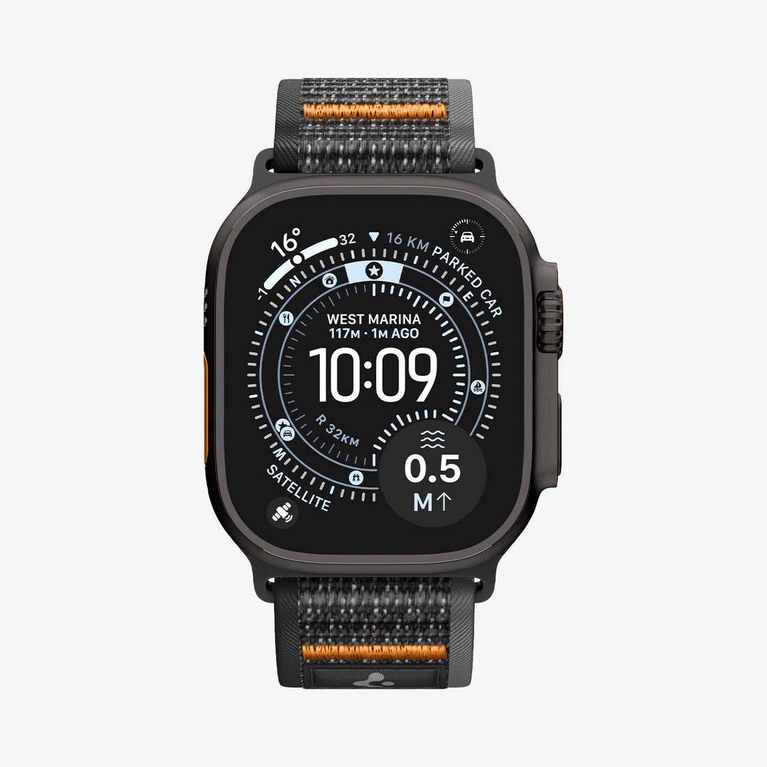 AMP10607 - Apple Watch Ultra Athlex Air 2 band black orange featuring rugged woven strap and Apple Watch Ultra with navigation focused watch face