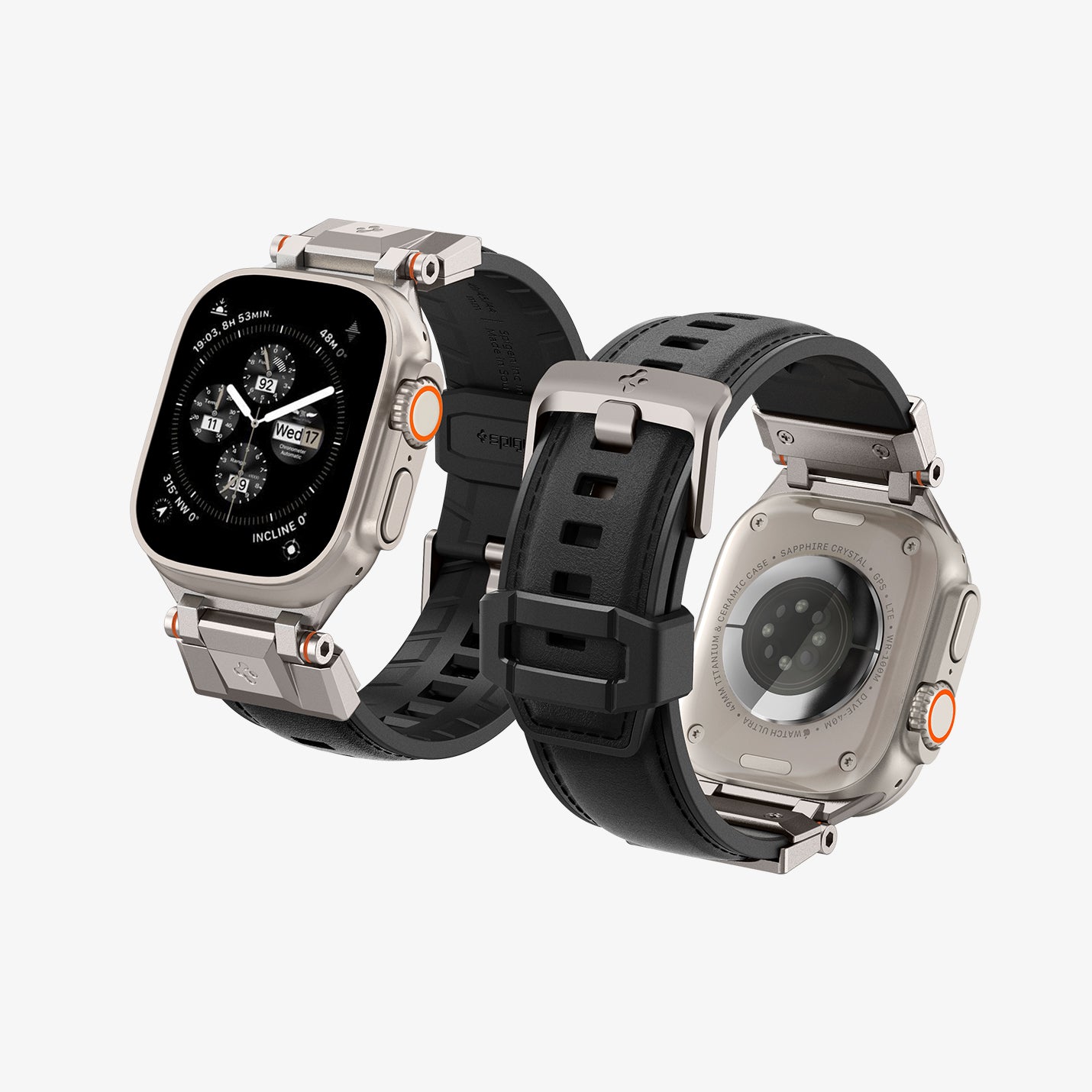 AMP07591 - Apple Watch (49mm) DuraPro Armor PU in Black showing the front, back, partial sides and inner of the strap