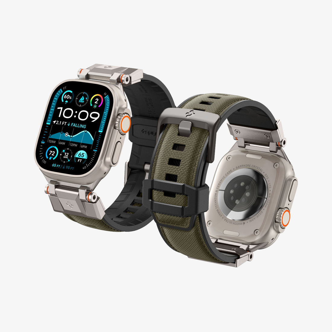 AMP09102 - Apple Watch Ultra (49mm) DuraPro Armor in Military Green showing the front and back