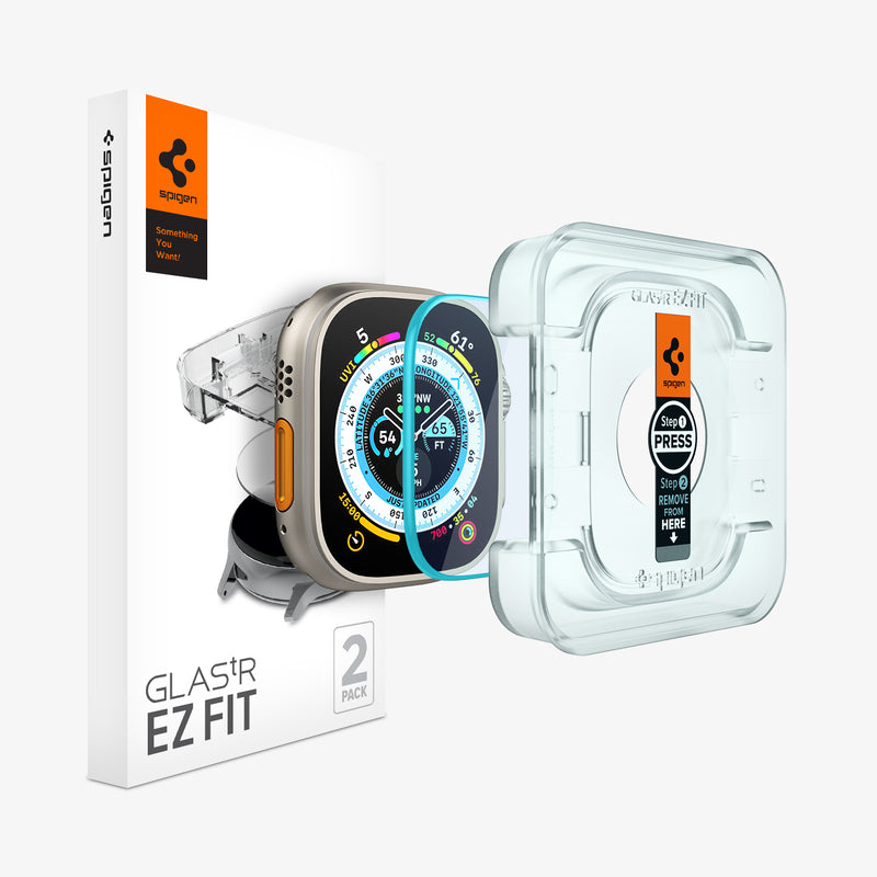 AGL05556 - Apple Watch Ultra Screen Protector EZ FIT Glas.tR showing the ez fit tray hovering slightly in front of glass screen protector, apple watch face and the packaging