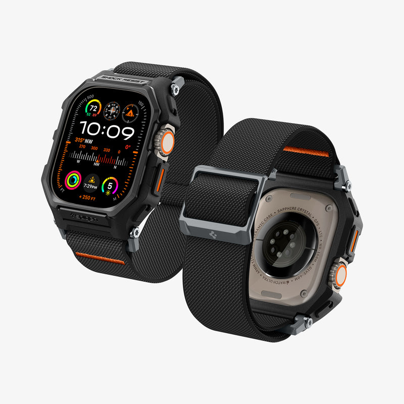 ACS07104 - Apple Watch (49mm) Lite Fit Pro Matte Black in Matte Black showing the front and back, sides and inner straps of 2 apple watch