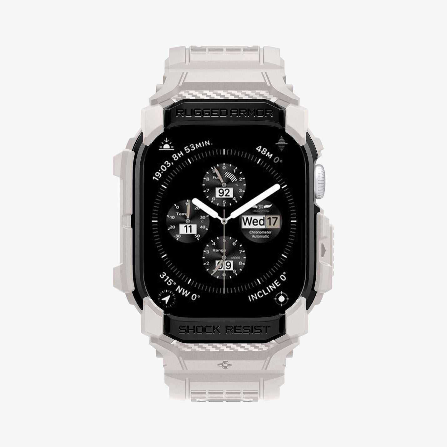 ACS08593 - Apple Watch 10 (42mm) Case Rugged Armor Pro in Dune Beige showing the front and partial sides