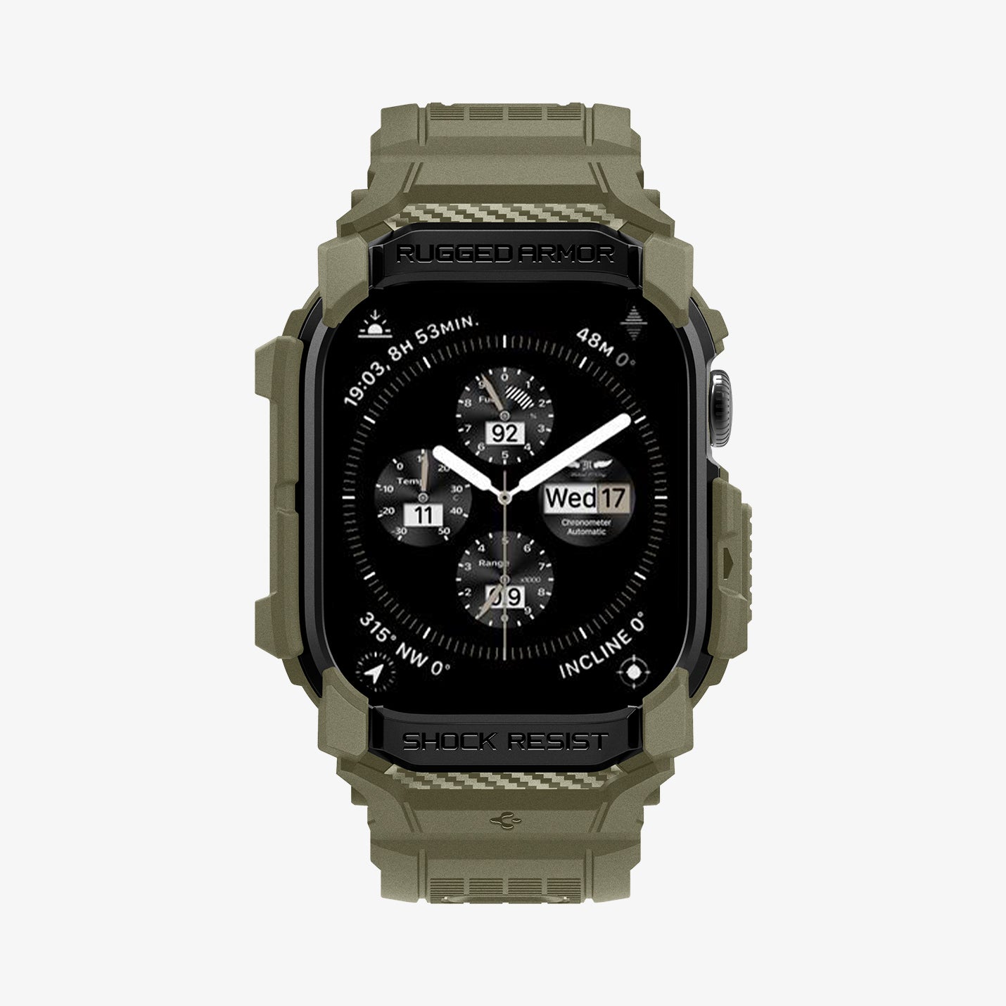 ACS08608 - Apple Watch 10 (46mm) Case Rugged Armor Pro in Vintage Khaki showing the front and partial sides
