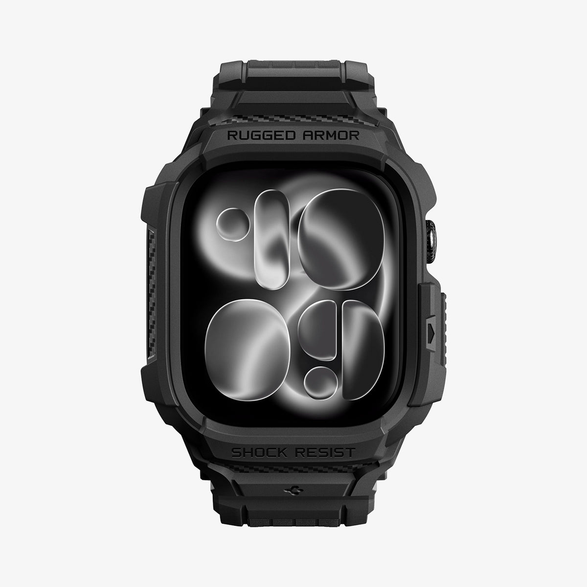 ACS11894 - Apple Watch Series 12 (46mm) Case Rugged Armor Pro in Matte Black showing a front view of the rugged protective case and adjustable band with reinforced detailing