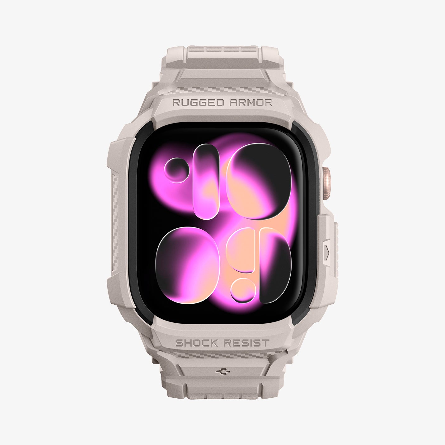 ACS11897 - Apple Watch Series 12 (46mm) Case Rugged Armor Pro in Dune Beige showing a front view of the rugged protective case and adjustable band with reinforced detailing