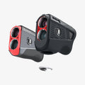 ACS04229 - Bushnell Tour V5 Shift Rangefinder AirTag Case in charcoal showing the front, back and bottom with airtag hovering below slot