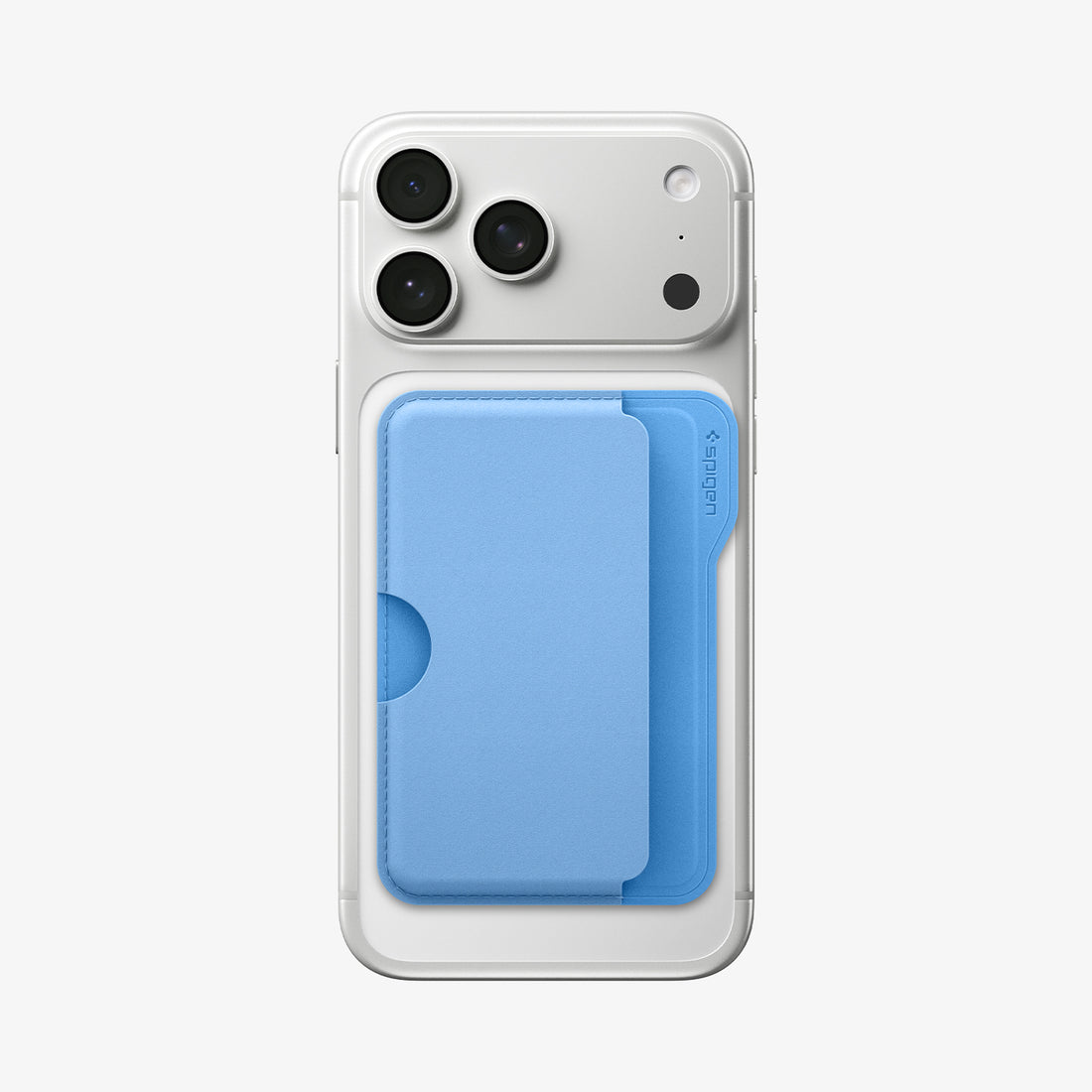 AFA07231 - MagSafe Card Holder Folder Pop (Mag Fit) in Sky Blue showing the front attached to the back of the device