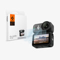 AGL11367 - DJI Osmo Action 4 / Osmo Nano packaging and front view of camera with two sets of screen protectors hovering above lenses.