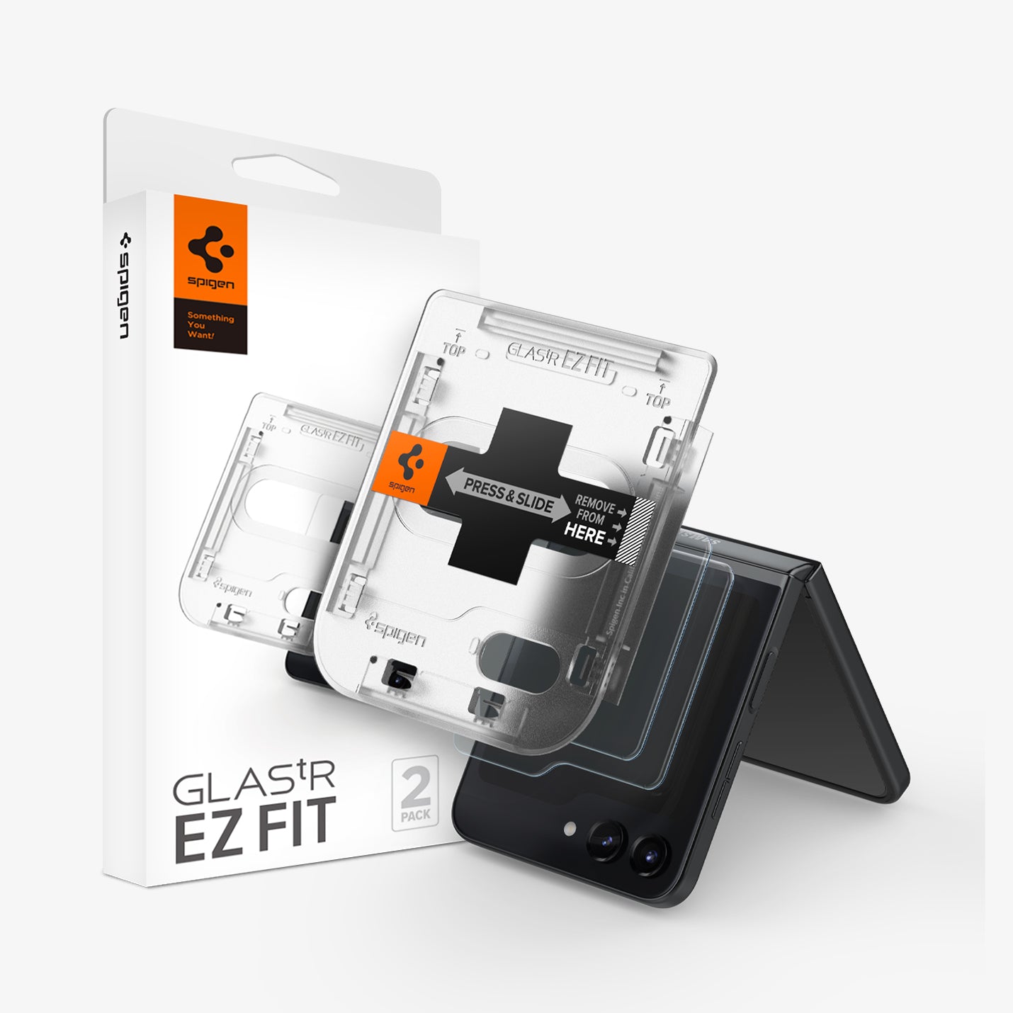 AGL06525 - Galaxy Z Flip 5 Series Screen Protector EZ FIT GLAS.tR showing the device, two screen protectors, ez fit tray and packaging