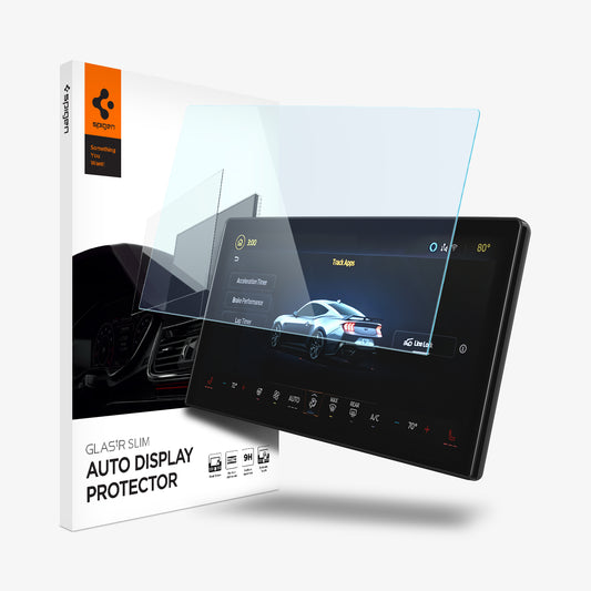 AGL07592 - Ford Mustang 13.2-inch Screen Protector GLAS.tR SLIM in Clear showing the screen protector hovering in front of a device beside it is the packaging
