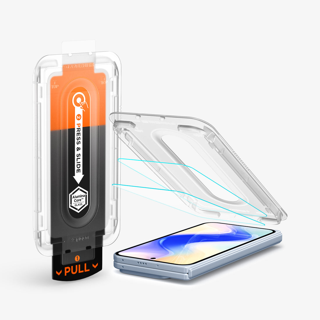 AGL09665 - Pixel 10 Pro Fold Screen Protector EZ Fit Pro GLAS.tR showing the device, ez fit tray and screen protector
