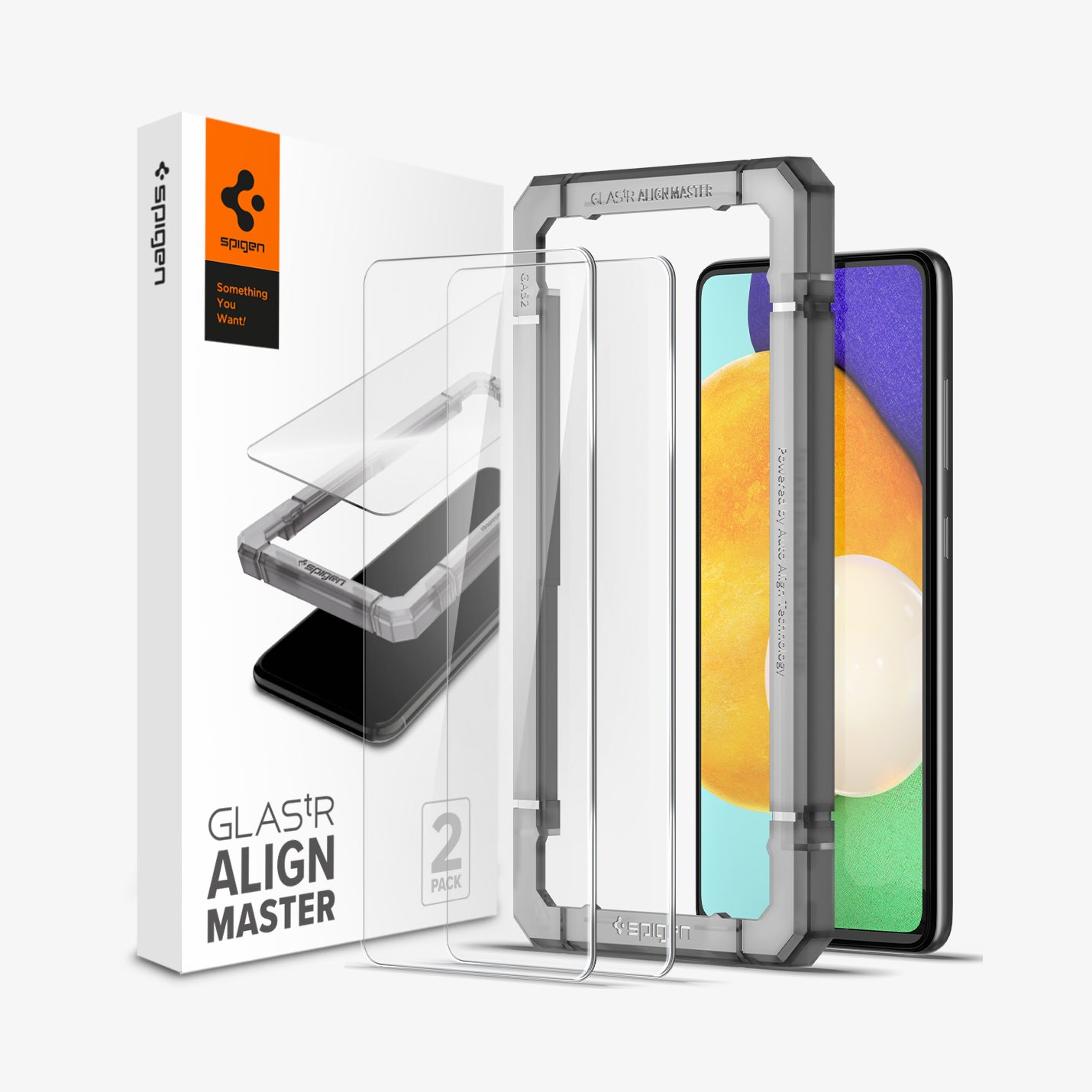 AGL02821 - Galaxy A52 Alignmaster Full Cover showing the 2 glass screen protector aligned with an installation tray and a device beside it, is a packaging