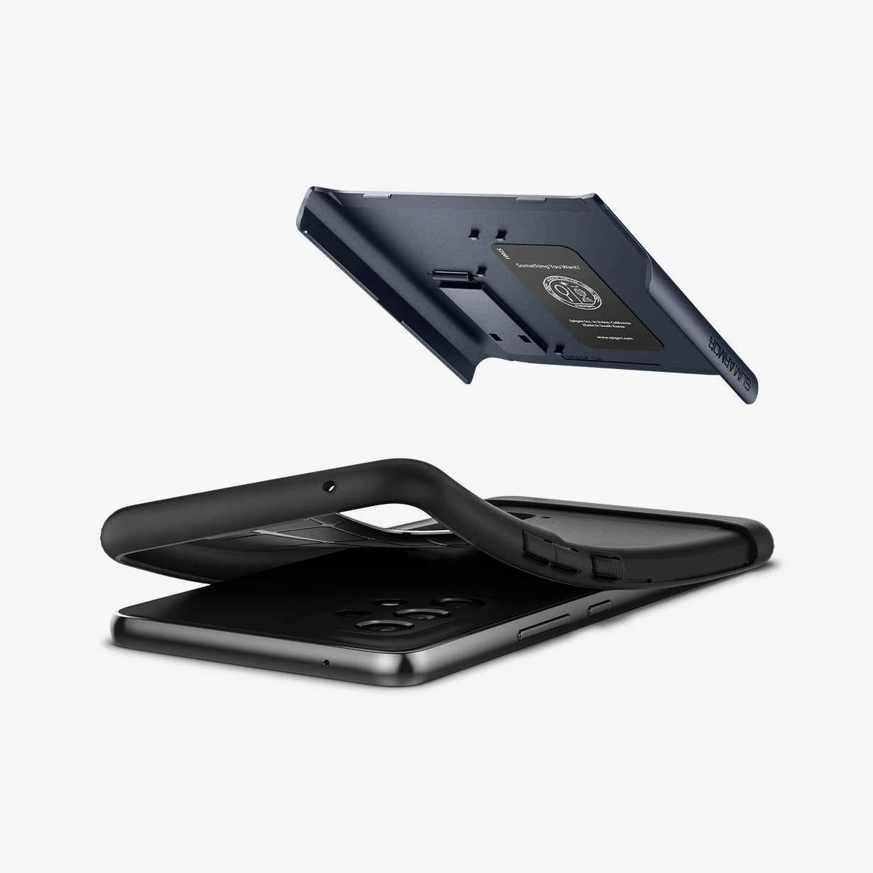 ACS04203 - Galaxy A53 5G Case Slim Armor in Metal Slate showing the back hard layer case hovering above the soft tpu layer case and the device
