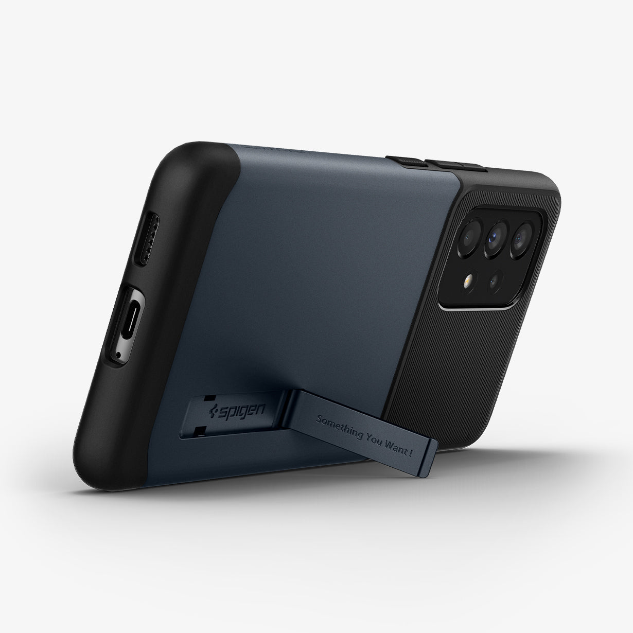 ACS04203 - Galaxy A53 5G Case Slim Armor in Metal Slate showing the back, partial side and bottom with a built-in kickstand propped up