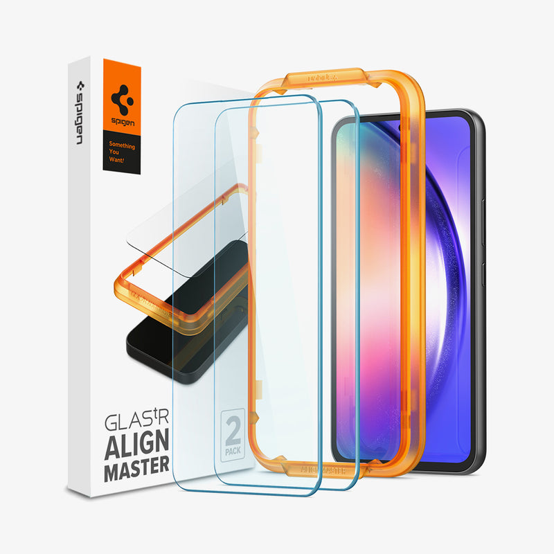 AGL05966 - Galaxy A54 5G Alignmaster Full Cover showing the 2 tempered glasses hovering in front of an installation tray and a device beside it is the packaging