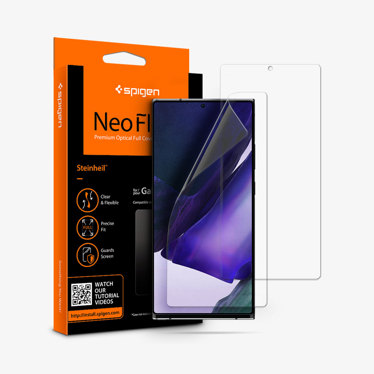 AFL01445 - Galaxy Note 20 Ultra Neo Flex in Clear showing the front of a protective film slightly peeled off hovering in front of a tempered glass and a device, beside it, is the packaging