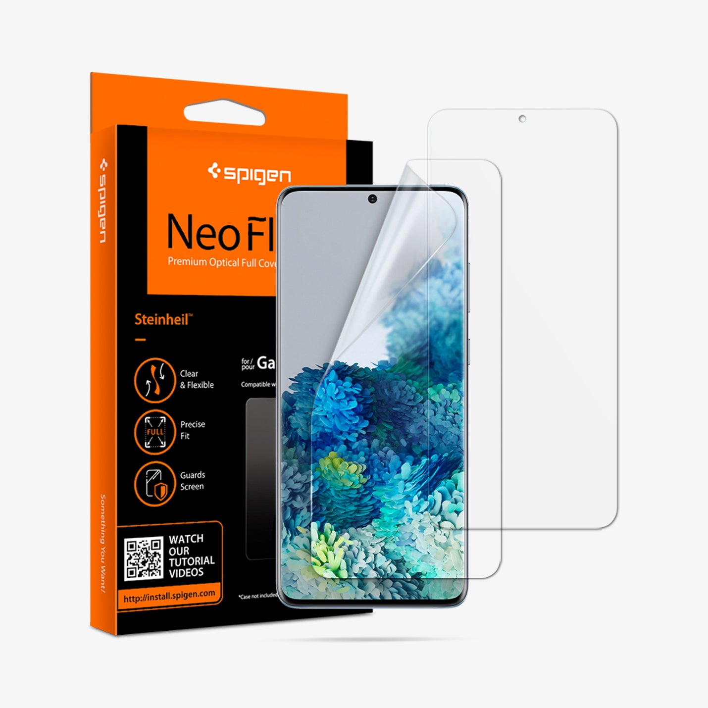 AFL00901 - Galaxy S20 Plus Neo Flex in Clear showing the 2 protective screen hovering in front of a device beside it is the packaging