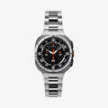 ACS11616 - SWUb Bezel Tune Silver showing the case's front view fitted with a silver metal link bracelet band