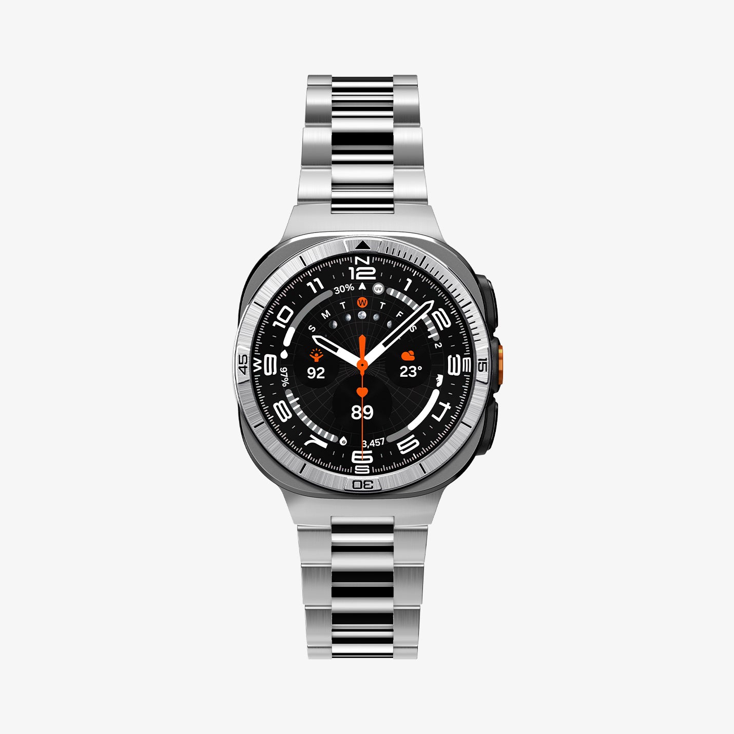 ACS11616 - SWUb Bezel Tune Silver showing the case's front view fitted with a silver metal link bracelet band