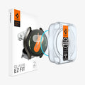 AGL08351 - Galaxy Watch 7 (40mm) GLAS.tR EZ Fit in Clear showing the front of installation tray hovering in front of a screen protector, face of the watch and the packaging