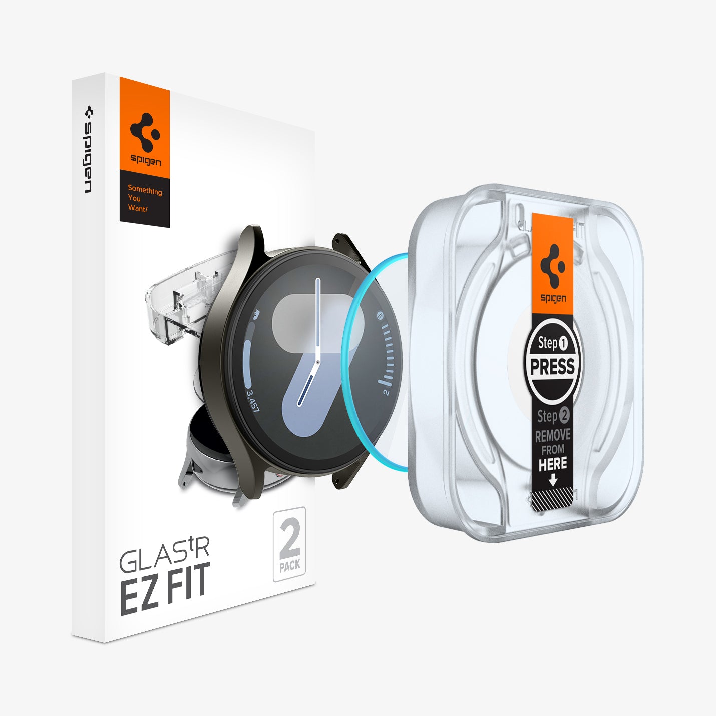 AGL08350 - Galaxy Watch 7 (44mm) GLAS.tR EZ Fit in Clear showing the front of a screen protector, face of the watch and the packaging