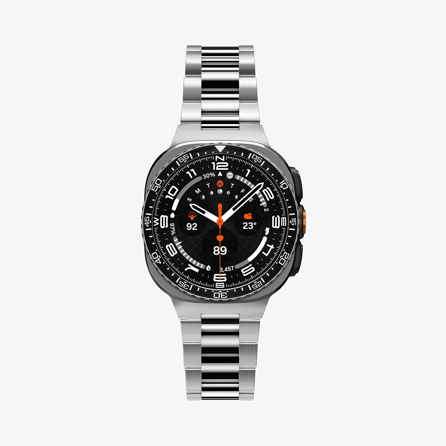 ACS11617 - SWUb Bezel Tune Black showing the case's front view fitted with a black link bracelet band