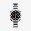 ACS11618 - SWUb Bezel Tune Pro Silver showing the case's front view fitted with a silver metal link bracelet band