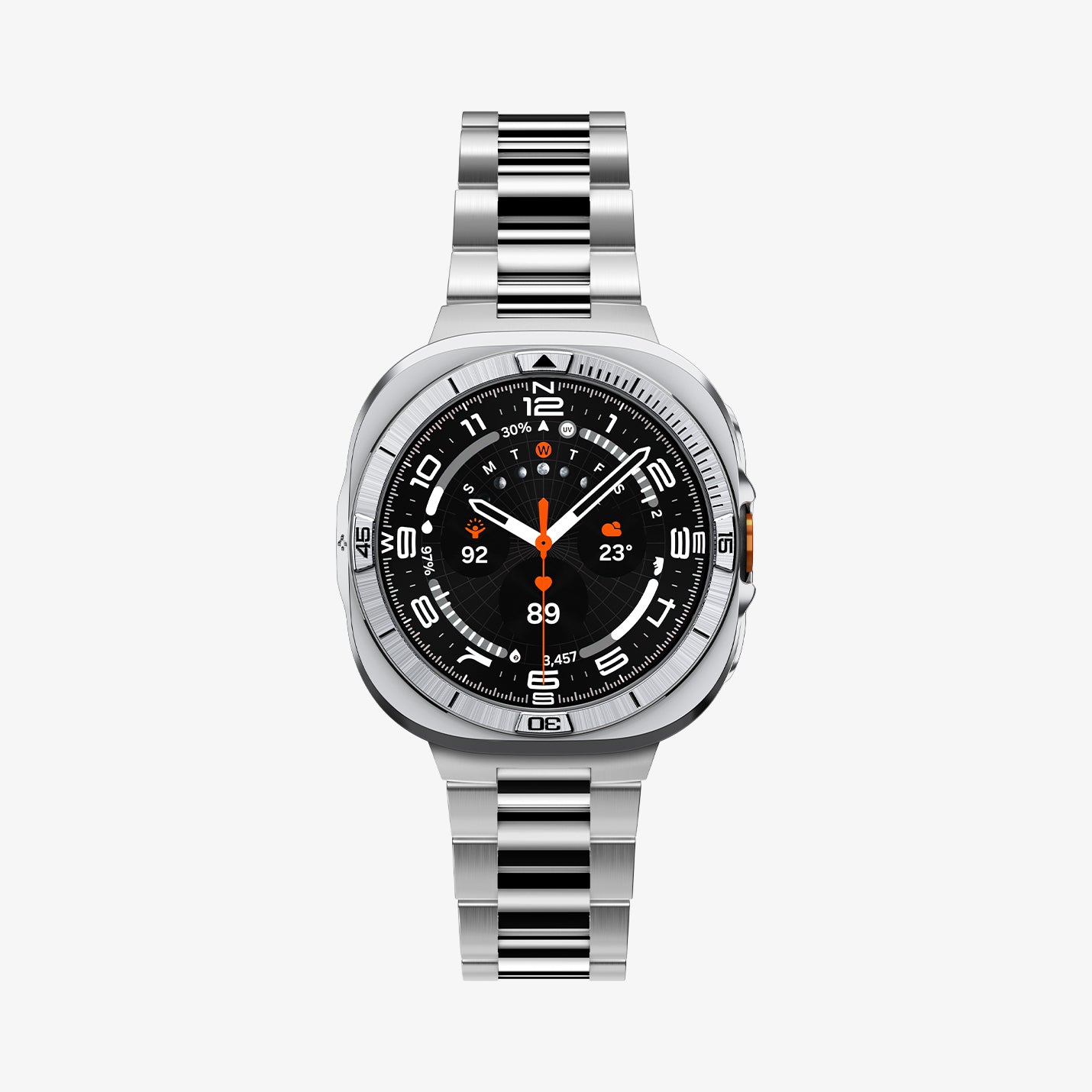 ACS11618 - SWUb Bezel Tune Pro Silver showing the case's front view fitted with a silver metal link bracelet band