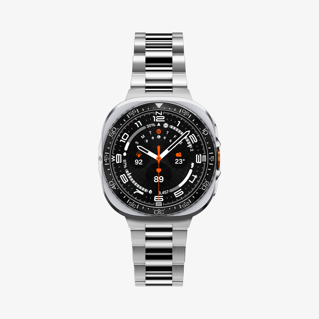 ACS11619 - SWUb Bezel Tune Pro Black showing the case's front view fitted with a silver metal link bracelet band