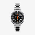 ACS11619 - SWUb Bezel Tune Pro Black showing the case's front view fitted with a silver metal link bracelet band