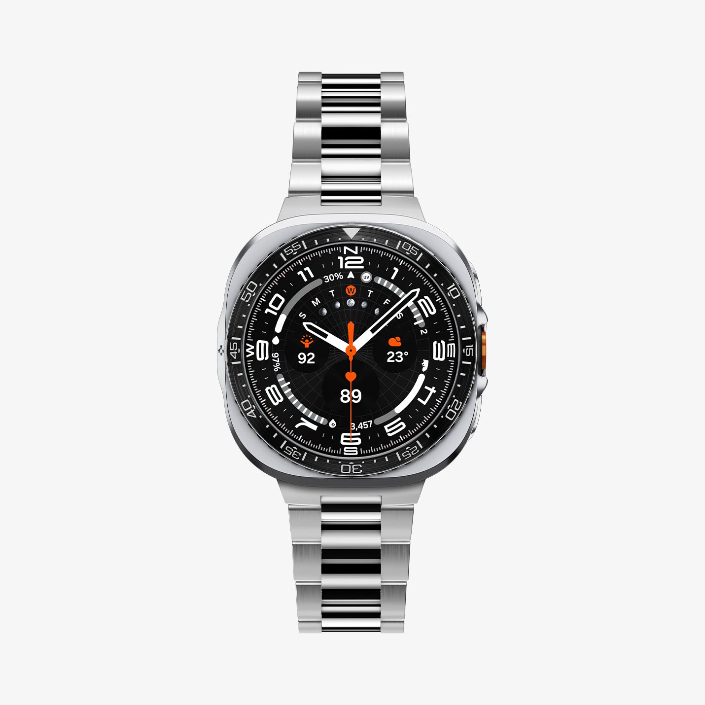 ACS11619 - SWUb Bezel Tune Pro Black showing the case's front view fitted with a silver metal link bracelet band