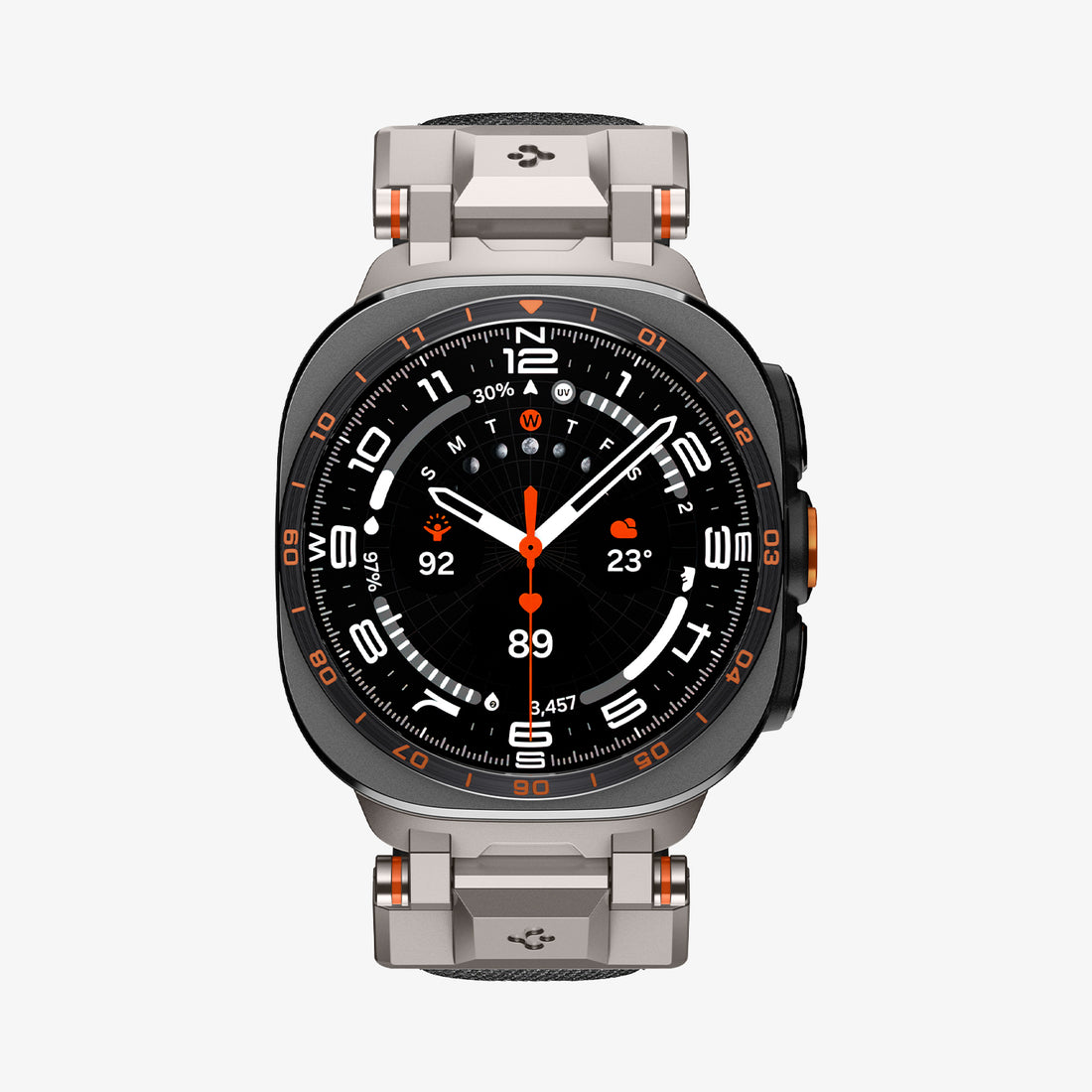 AMP11615 - Galaxy Watch Ultra Series - DuraPro Armor showing the Galaxy Watch Ultra with the DuraPro Armor band in Titanium Gray, front view on white background.