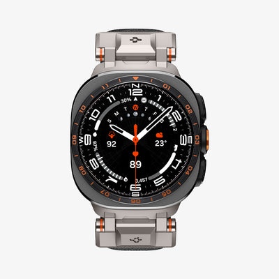 AMP11615 - Galaxy Watch Ultra Series - DuraPro Armor showing the Galaxy Watch Ultra with the DuraPro Armor band in Titanium Gray, front view on white background.
