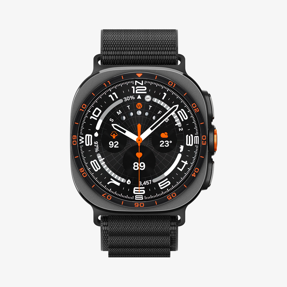 AMP11613 - Galaxy Watch Ultra Series - WBF1 showing the Galaxy Watch Ultra with the WBF1 nylon band in Black, front view on white background.