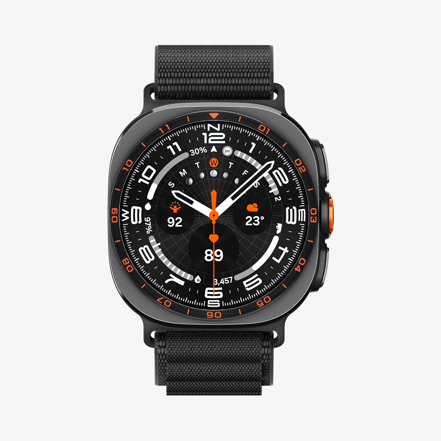 AMP11613 - Galaxy Watch Ultra Series - WBF1 showing the Galaxy Watch Ultra with the WBF1 nylon band in Black, front view on white background.
